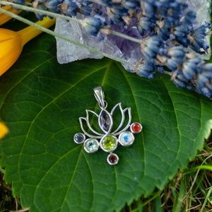 Silver Lotus Flower Pendant w Precious Gemstones